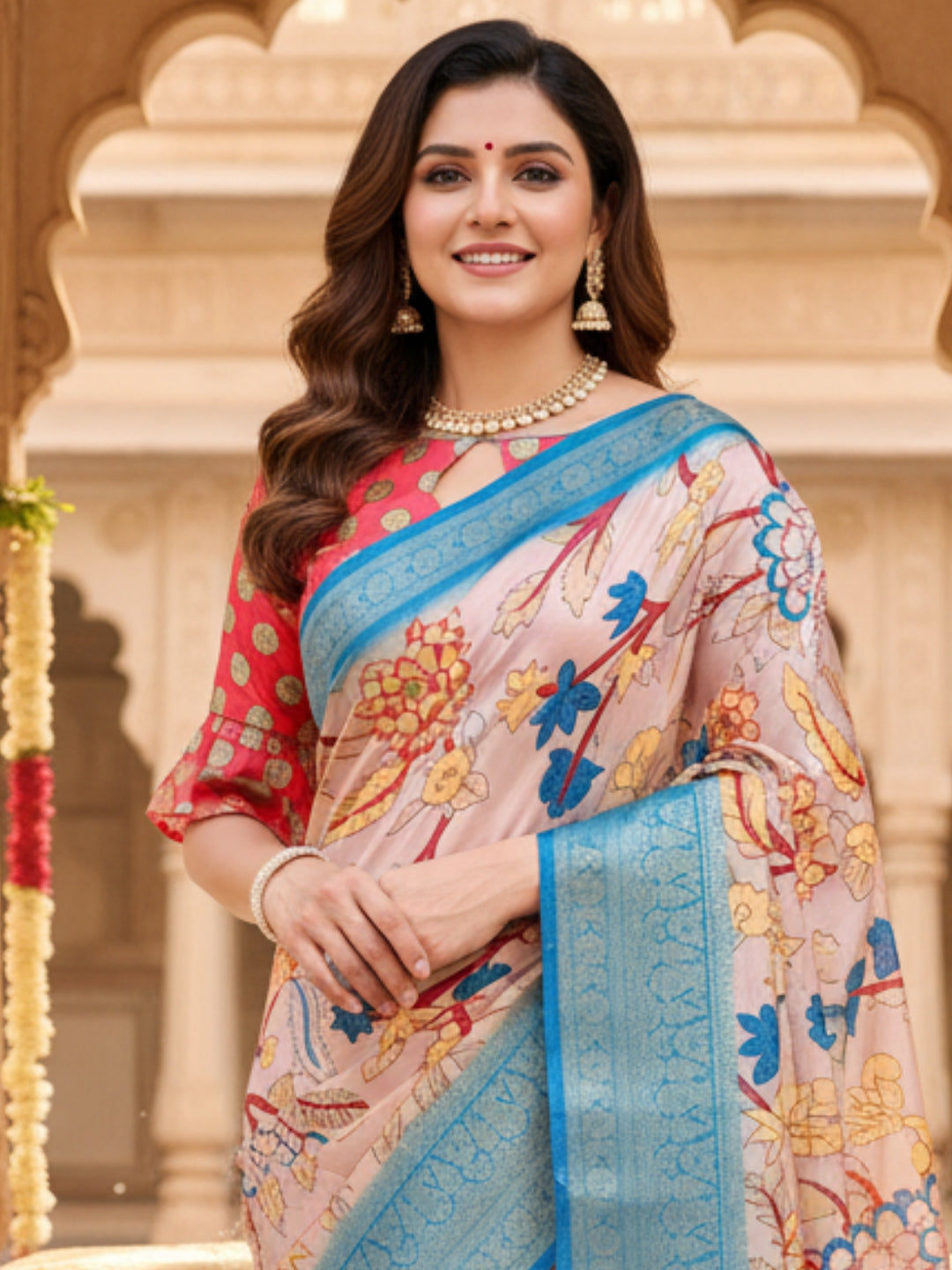 Cream  Blue Tussar Silk Saree For Women | Digital Print Party Wear Saree