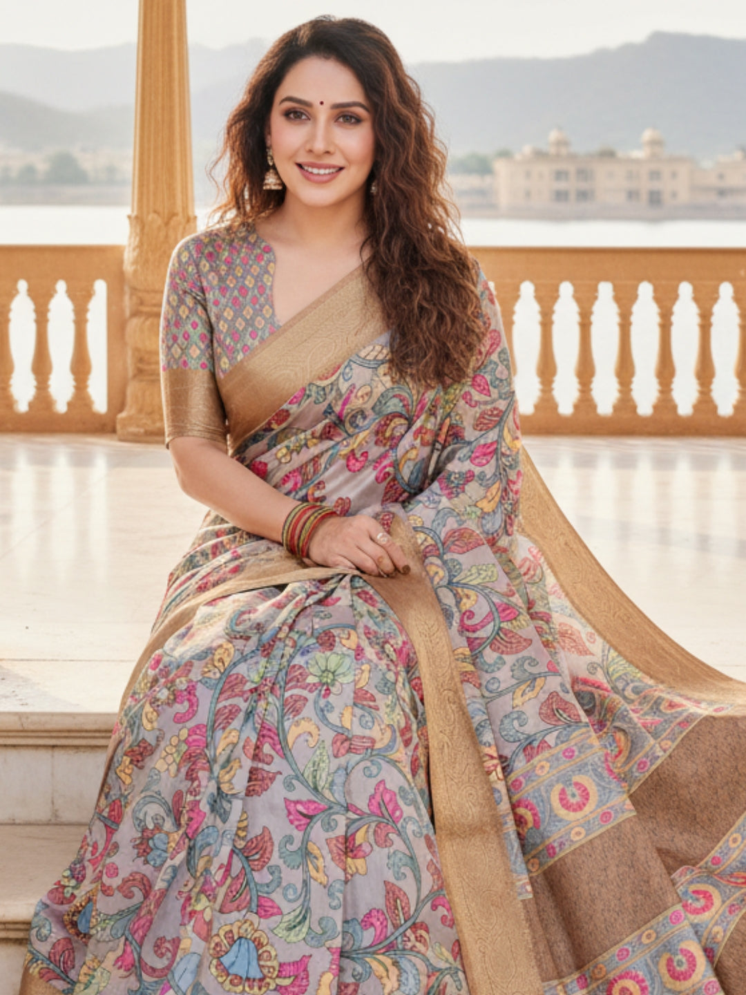 Grey Tussar Silk Saree For Women | Digital Print Party Wear Saree