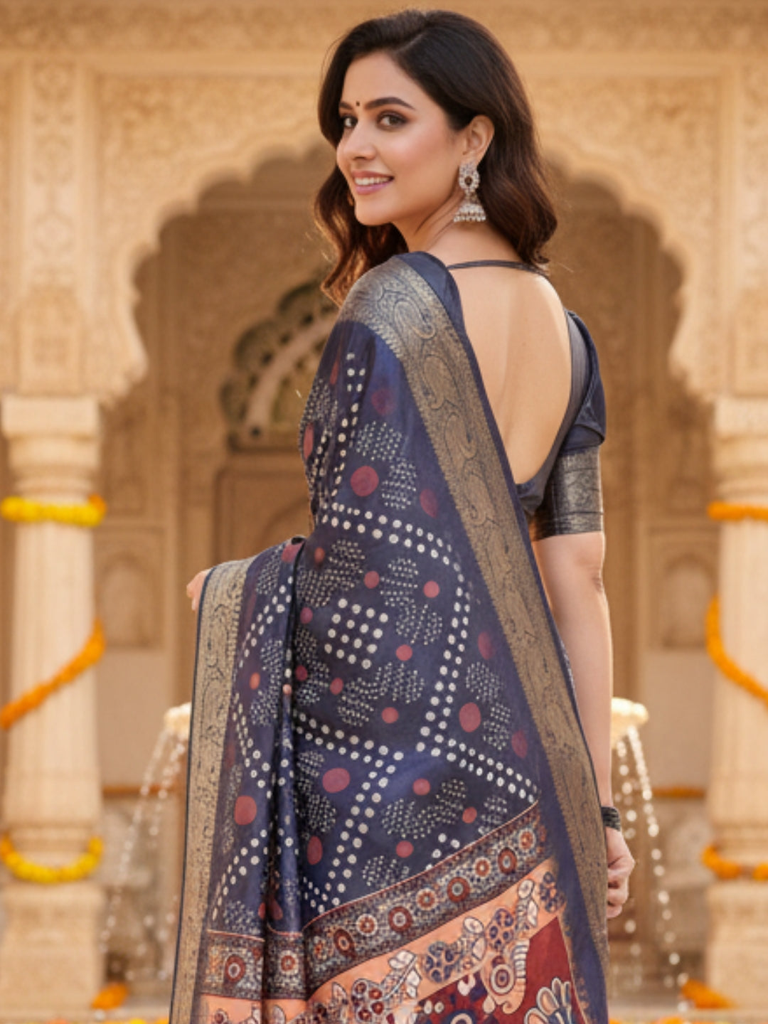 Blue Tussar Silk Saree For Women | Digital Print Party Wear Saree