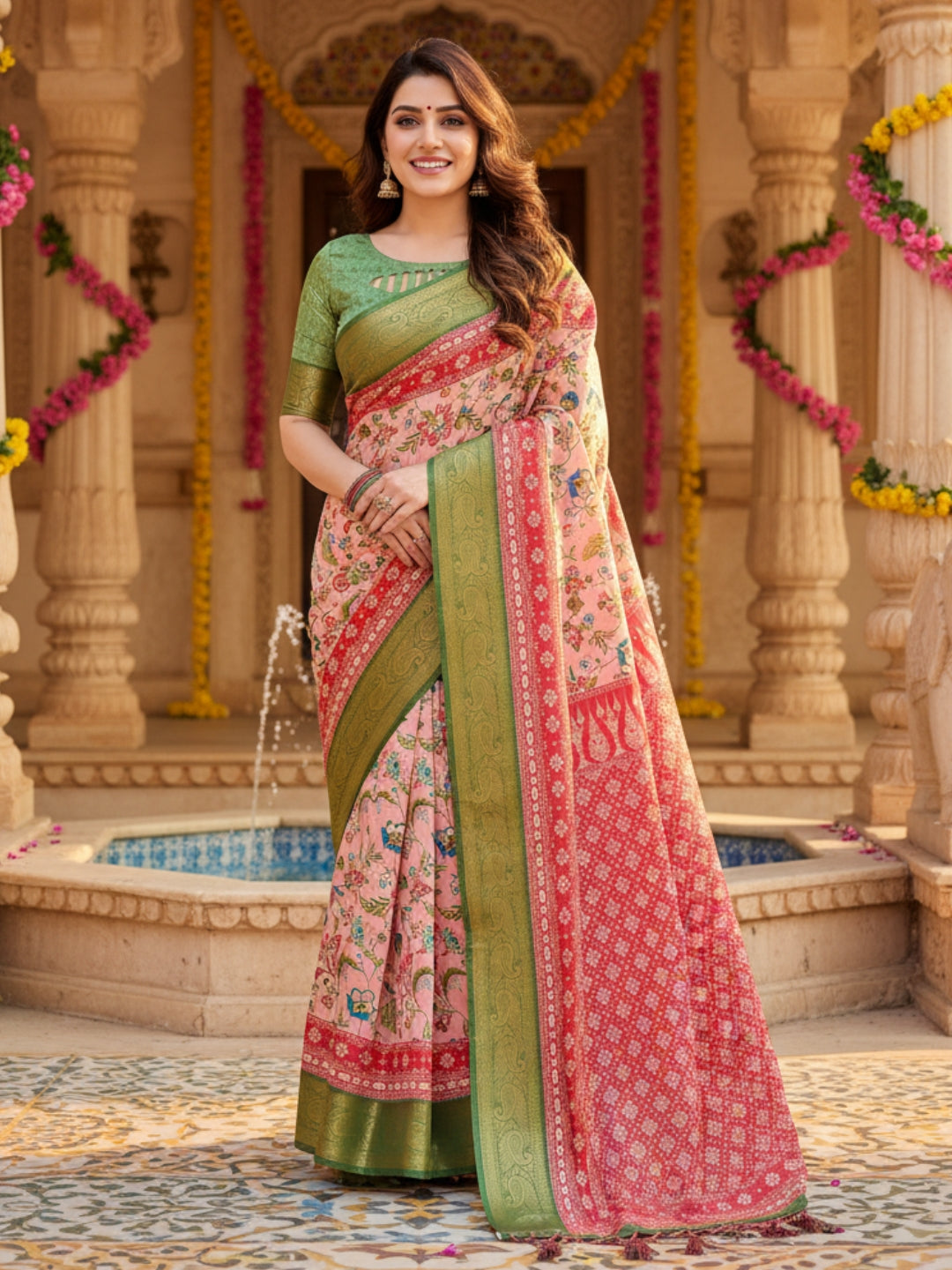 Green  Peach Tussar Silk Saree For Women | Digital Print Party Wear Saree