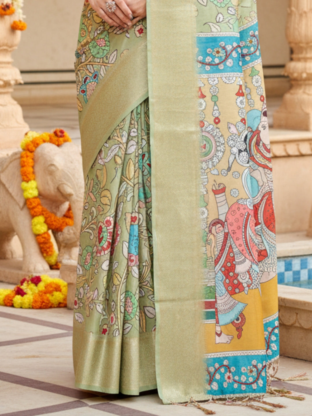 Green Tussar Silk Saree For Women | Digital Print Party Wear Saree