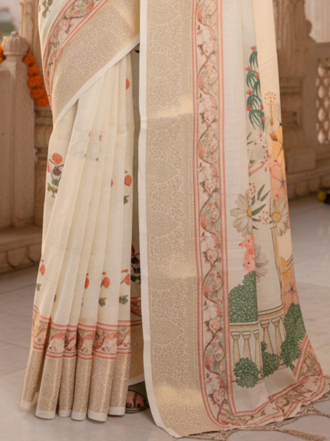 Cream Linen Cotton Saree For Women | Digital Print Party Wear Saree