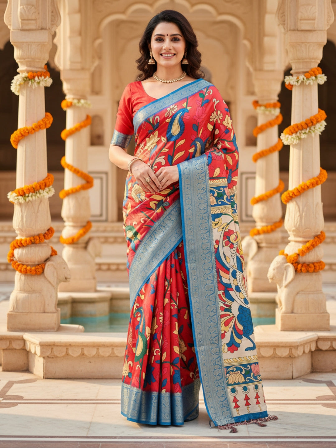 Blue  Red Tussar Silk Saree For Women | Digital Print Party Wear Saree