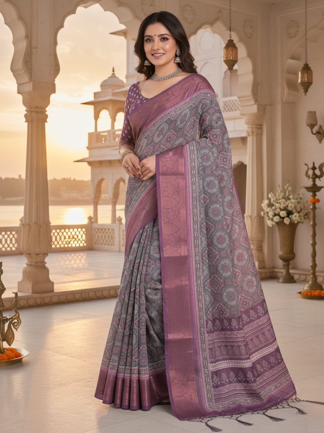 Lavender Linen Cotton Saree For Women | Digital Print Party Wear Saree