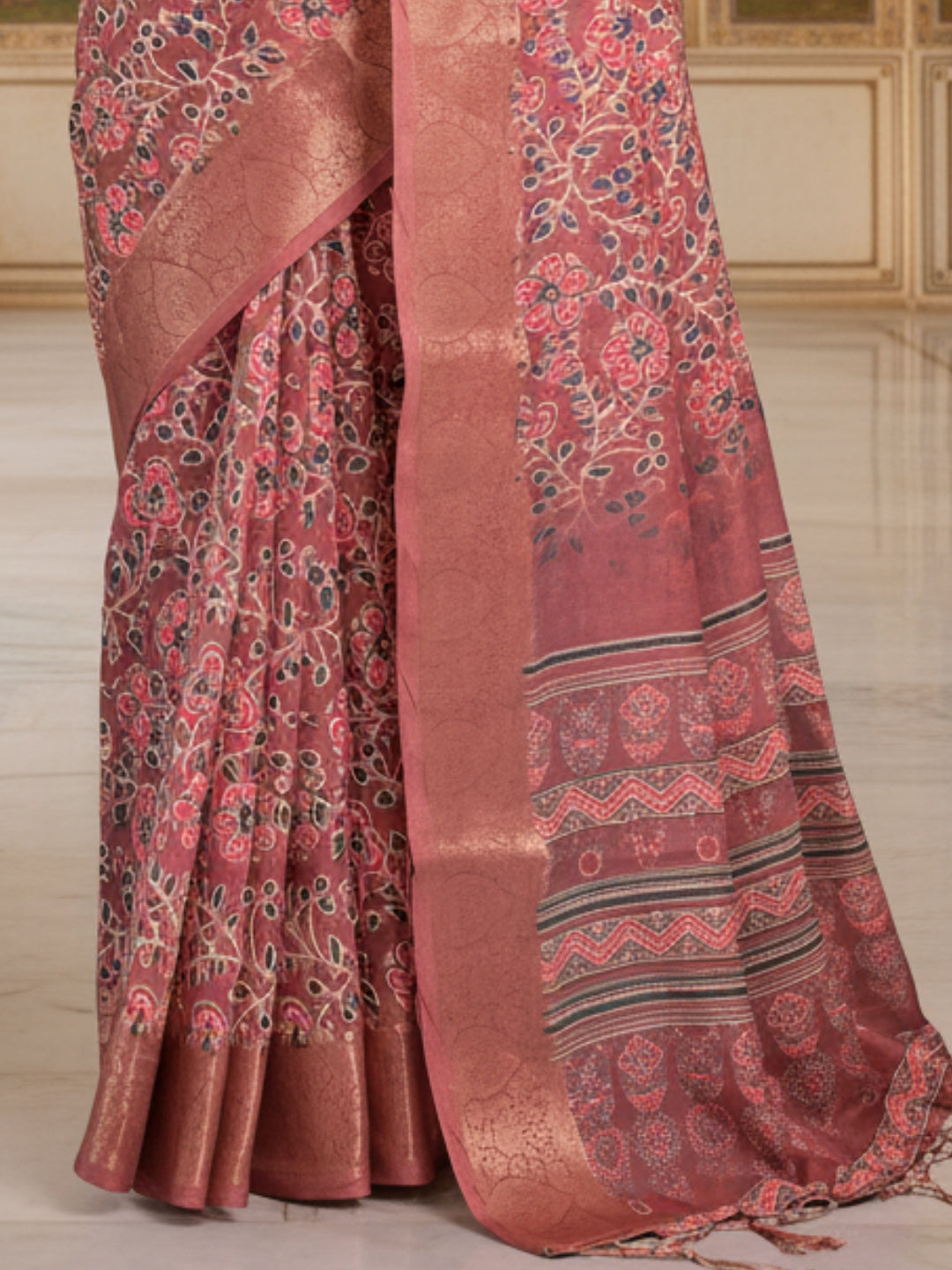 Red Linen Cotton Saree For Women | Digital Print Party Wear Saree