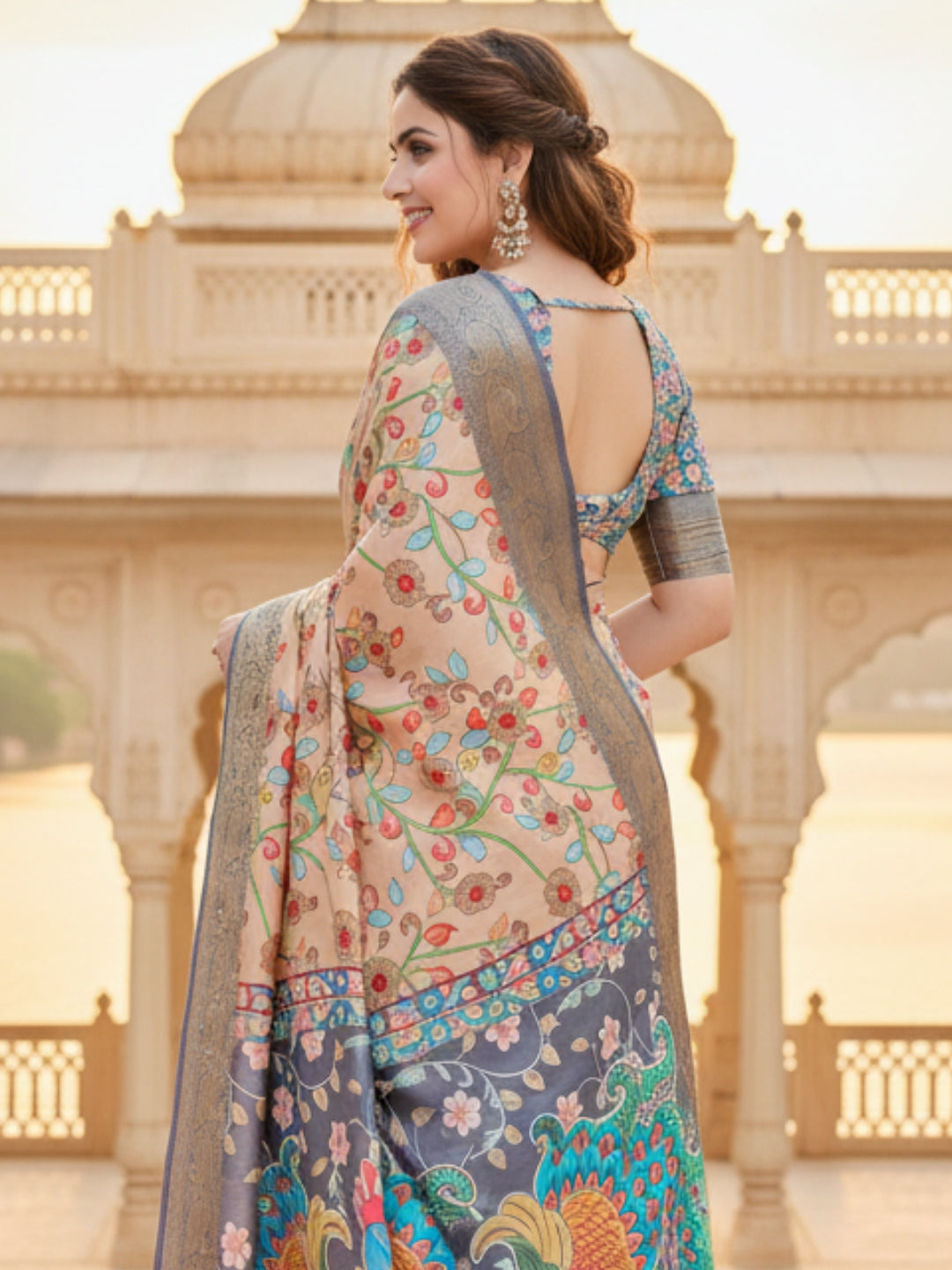 Orange  Blue Tussar Silk Saree For Women | Digital Print Party Wear Saree