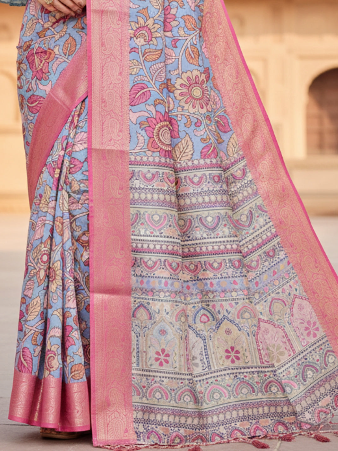Blue  Pink Tussar Silk Saree For Women | Digital Print Party Wear Saree
