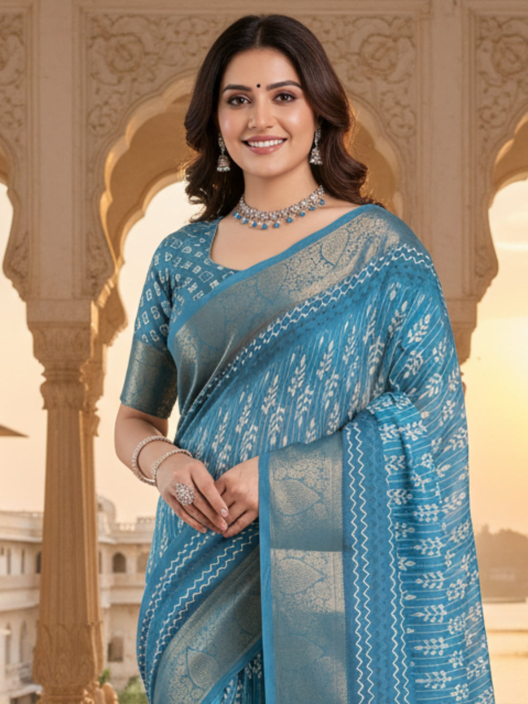 Teal Linen Cotton Saree For Women | Digital Print Party Wear Saree