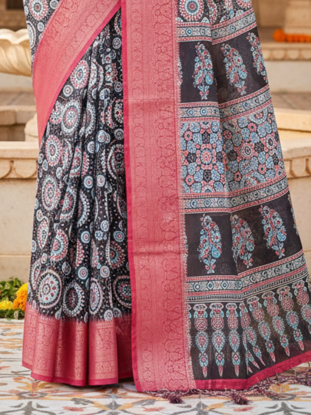 Orange  Black Tussar Silk Saree For Women | Digital Print Party Wear Saree