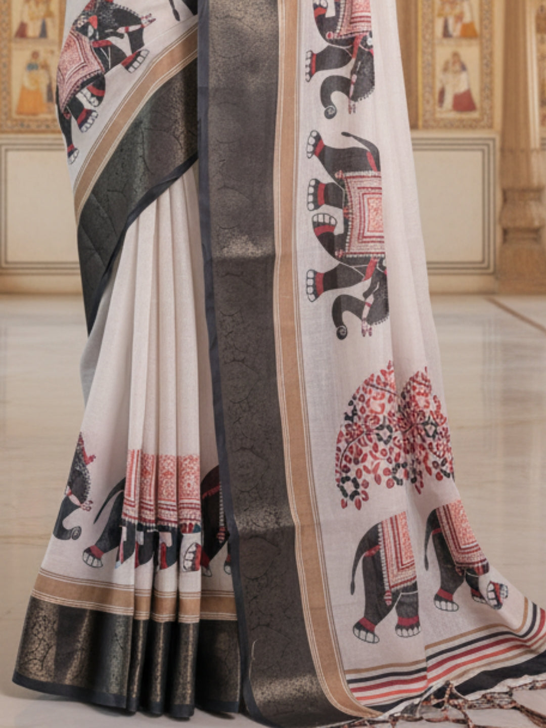 Grey Linen Cotton Saree For Women | Digital Print Party Wear Saree