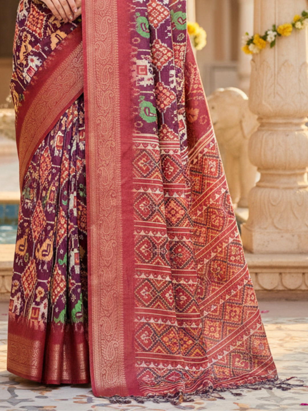 Red Tussar Silk Saree For Women | Digital Print Party Wear Saree