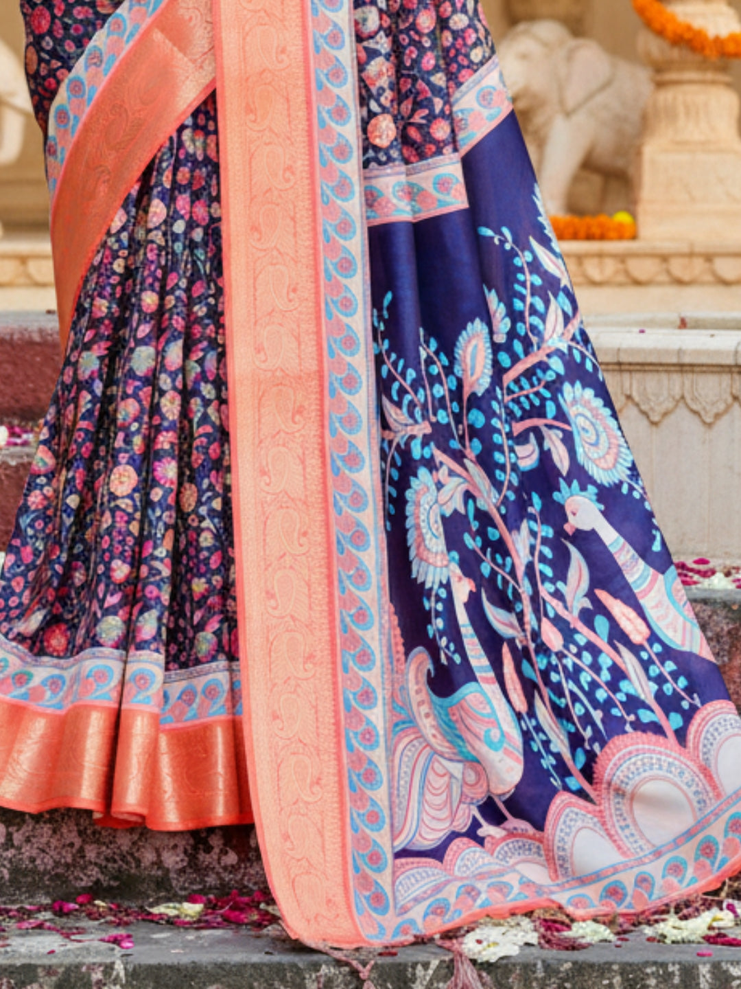 Orange  Blue Tussar Silk Saree For Women | Digital Print Party Wear Saree