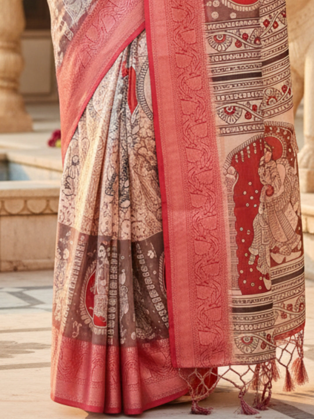 Red  Grey Tussar Silk Saree For Women | Digital Print Party Wear Saree