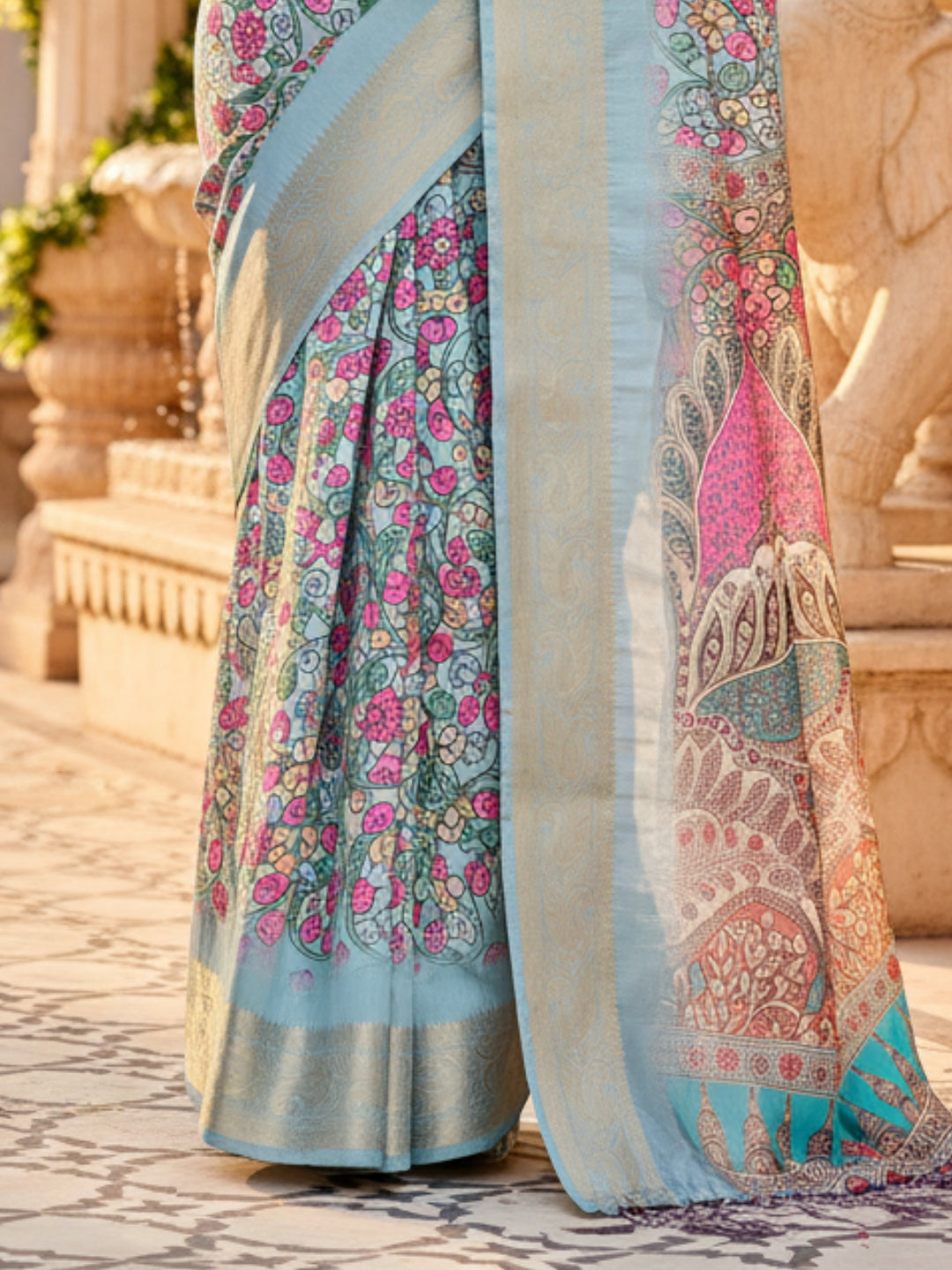 Light Blue Tussar Silk Saree For Women | Digital Print Party Wear Saree