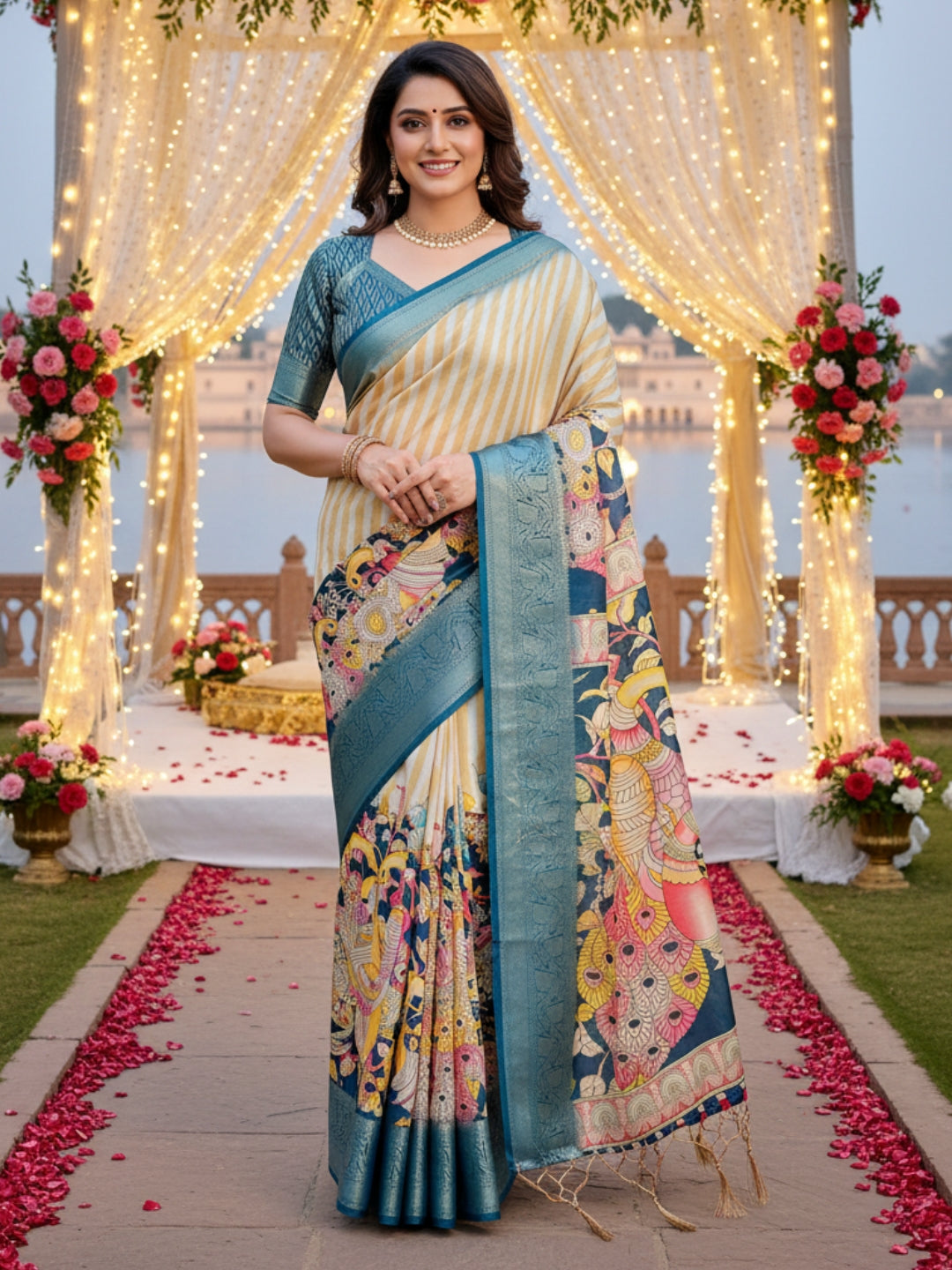 Blue  Orange Tussar Silk Saree For Women | Digital Print Party Wear Saree