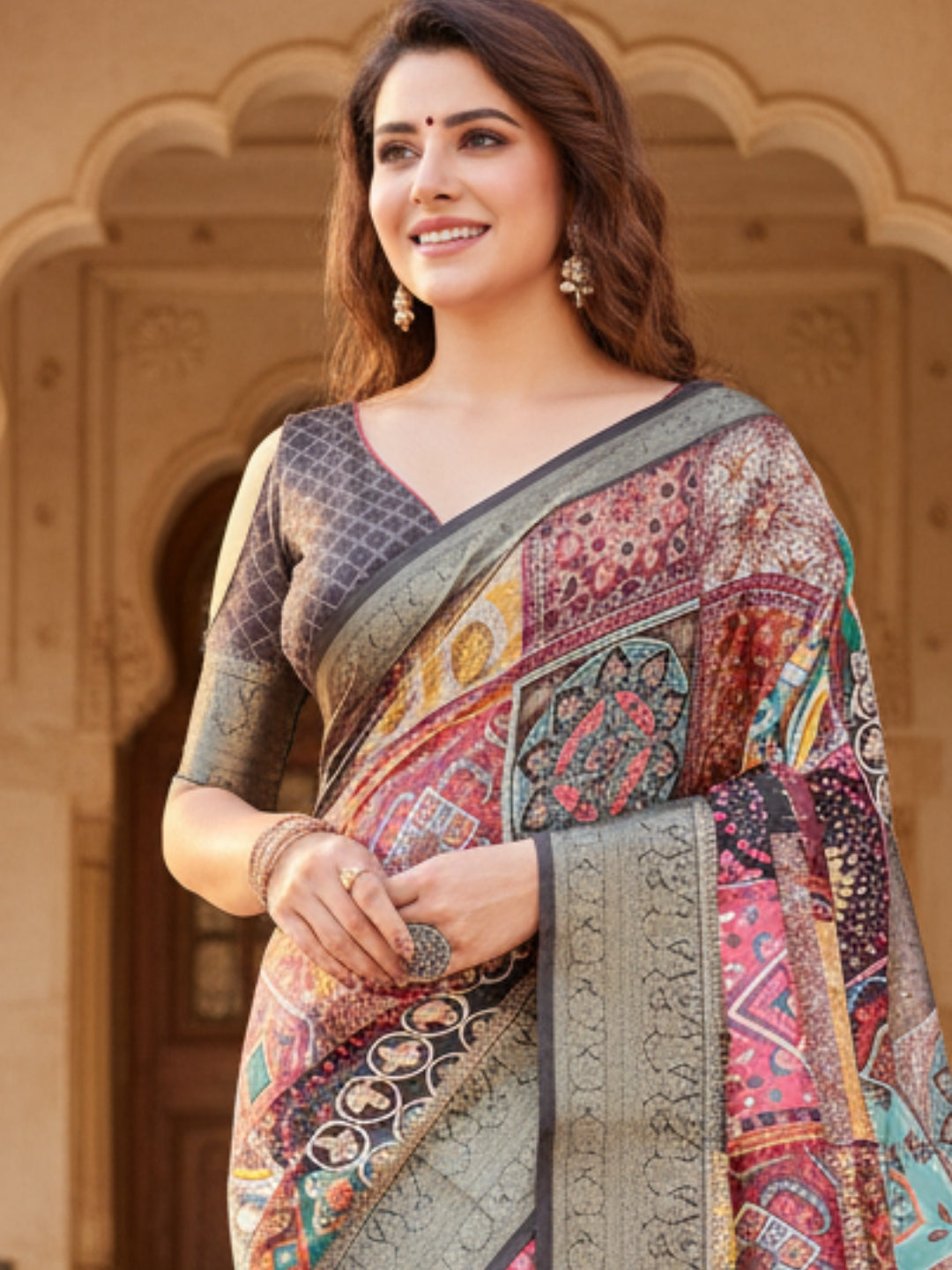 Green  Brown Tussar Silk Saree For Women | Digital Print Party Wear Saree