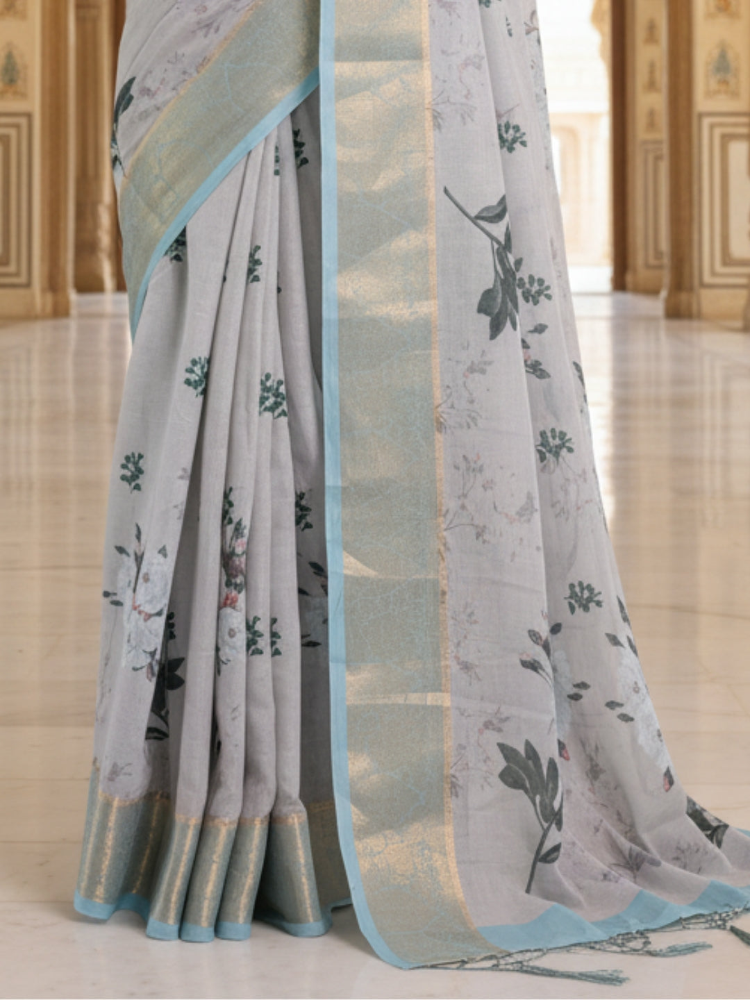 Grey Linen Cotton Saree For Women | Digital Print Party Wear Saree