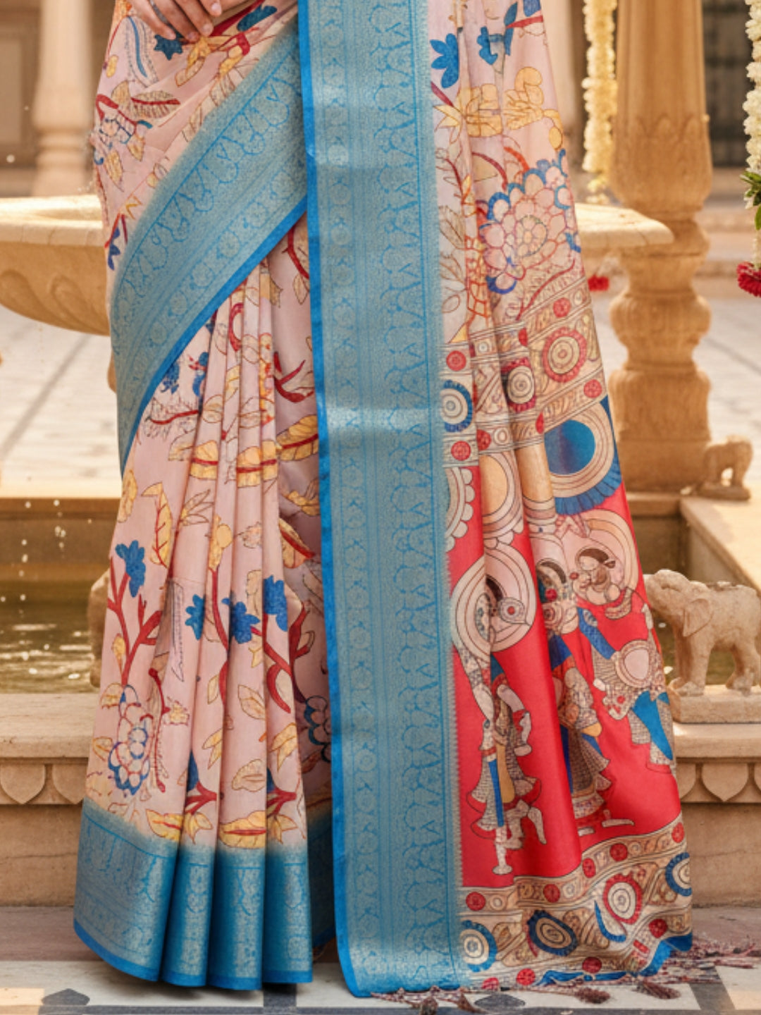 Cream  Blue Tussar Silk Saree For Women | Digital Print Party Wear Saree