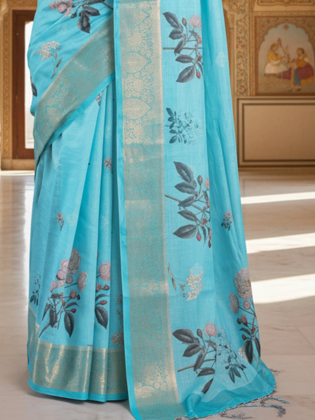 Light Blue Linen Cotton Saree For Women | Digital Print Party Wear Saree