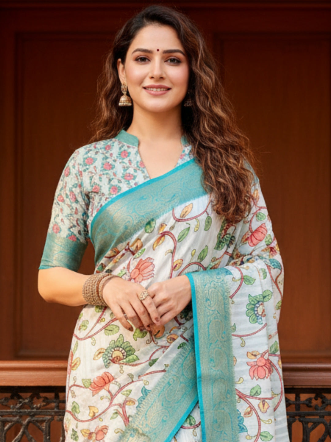 Teal Tussar Silk Saree For Women | Digital Print Party Wear Saree