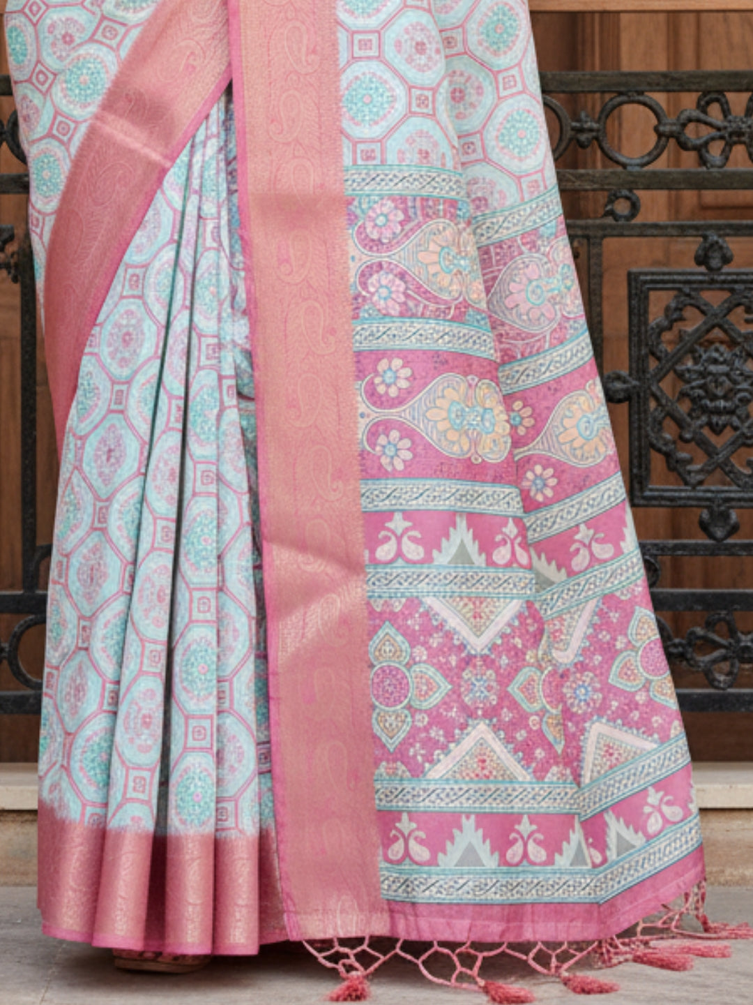 White  Pink Tussar Silk Saree For Women | Digital Print Party Wear Saree