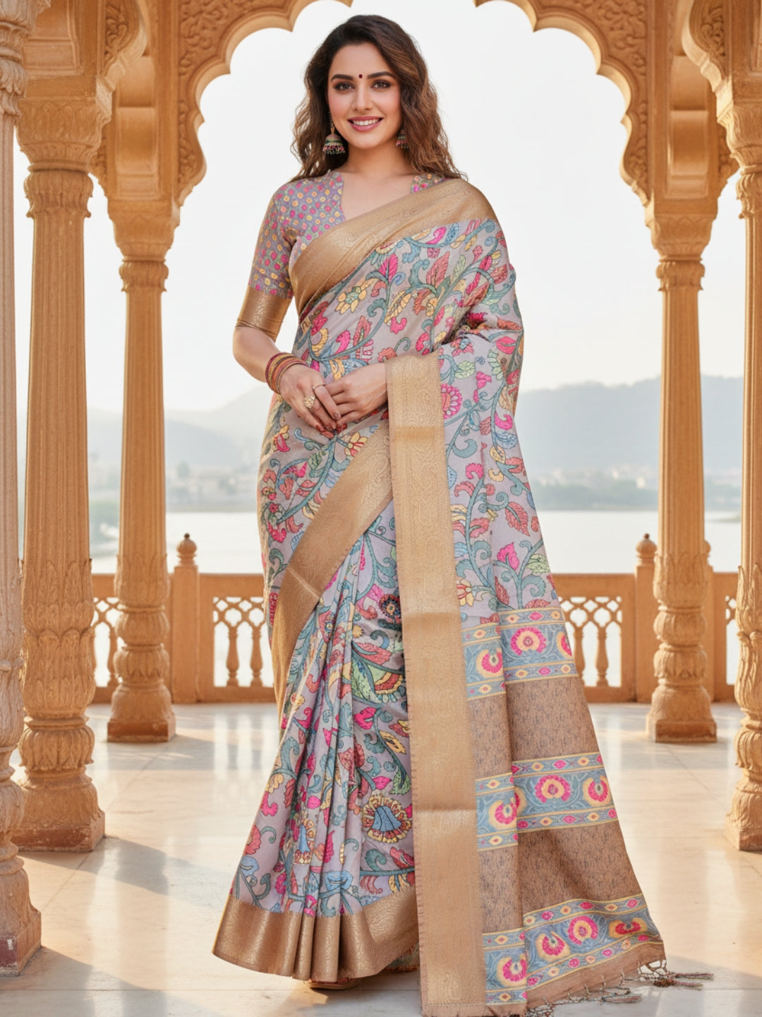 Grey Tussar Silk Saree For Women | Digital Print Party Wear Saree