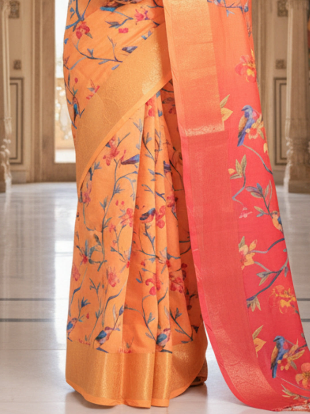 Orange Linen Cotton Saree For Women | Digital Print Party Wear Saree