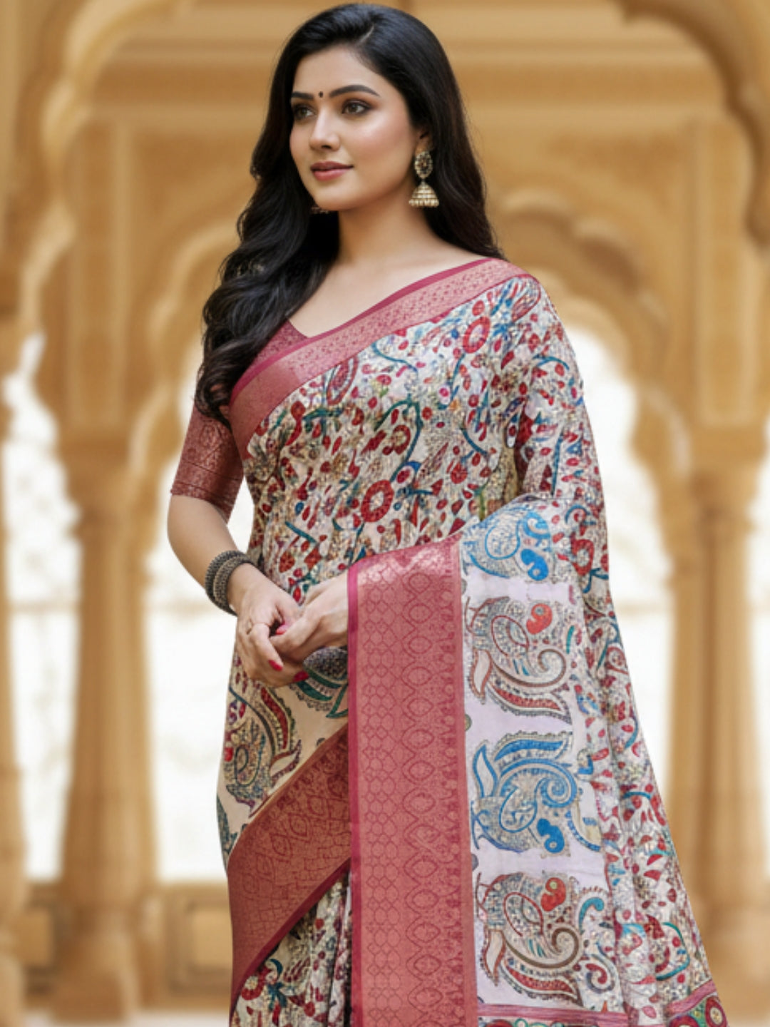 Pink Tussar Silk Saree For Women | Digital Print Party Wear Saree