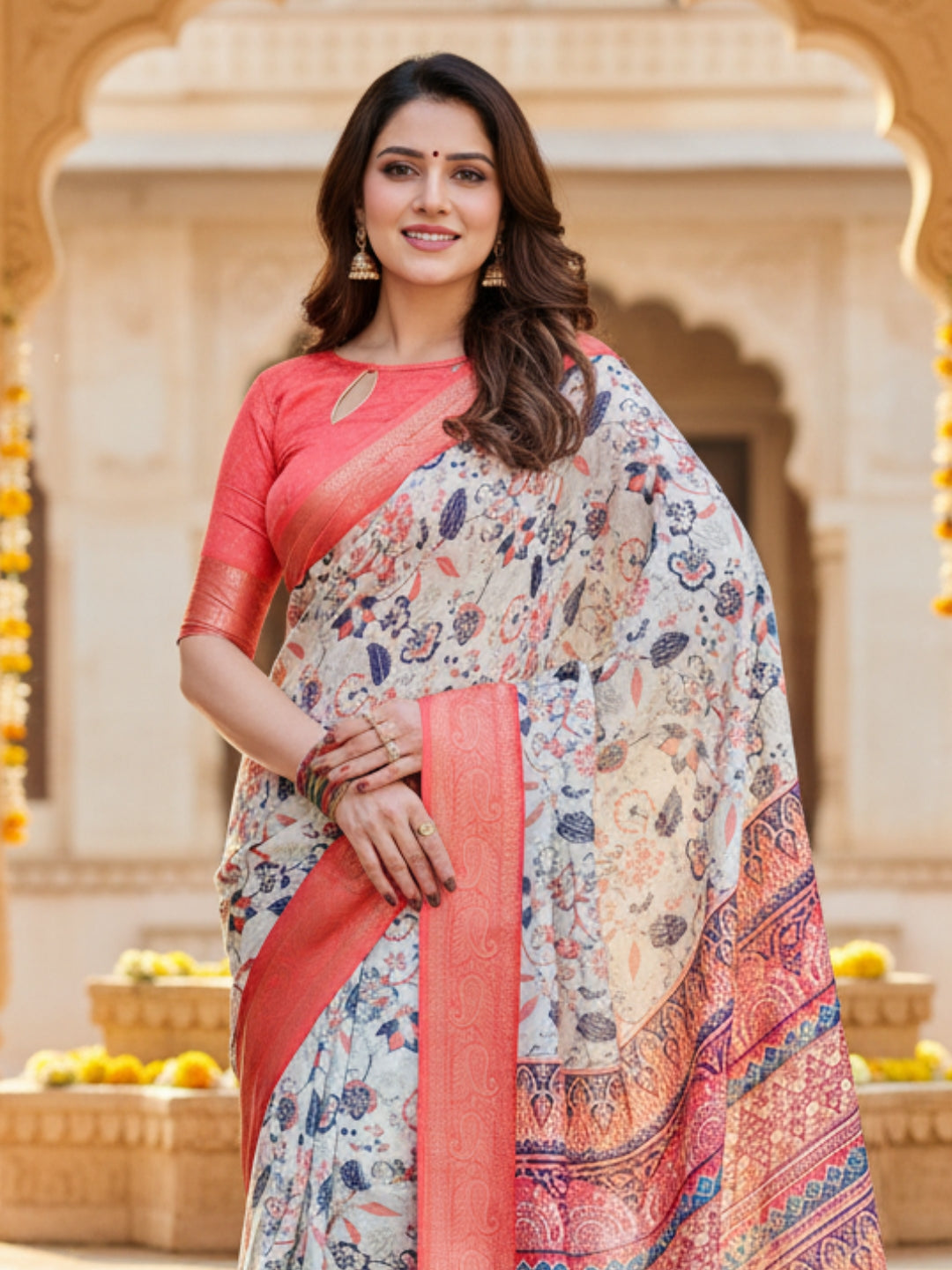 Orange  White Tussar Silk Saree For Women | Digital Print Party Wear Saree