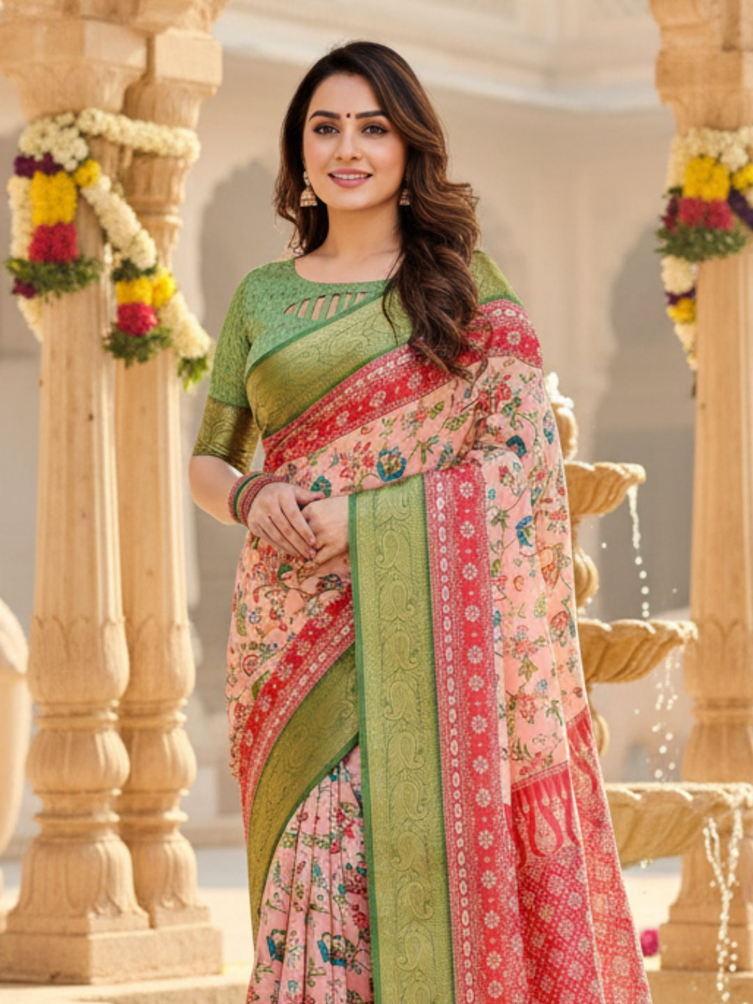 Green  Peach Tussar Silk Saree For Women | Digital Print Party Wear Saree