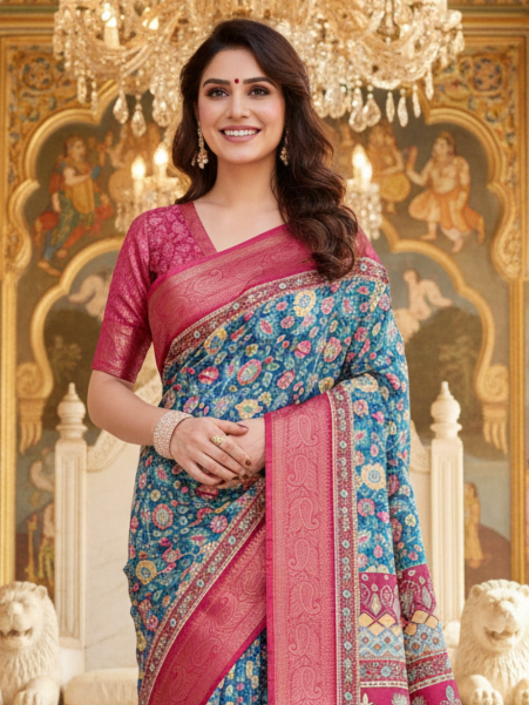 Blue  Pink Tussar Silk Saree For Women | Digital Print Party Wear Saree