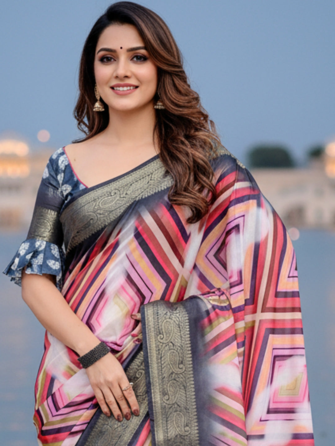 Cream  Grey Tussar Silk Saree For Women | Digital Print Party Wear Saree