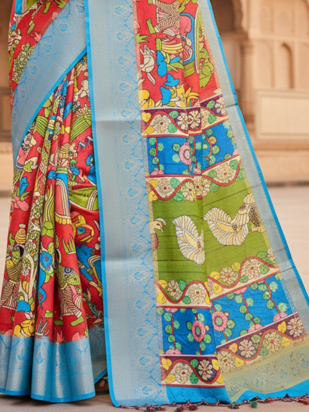 Blue  Red Tussar Silk Saree For Women | Digital Print Party Wear Saree