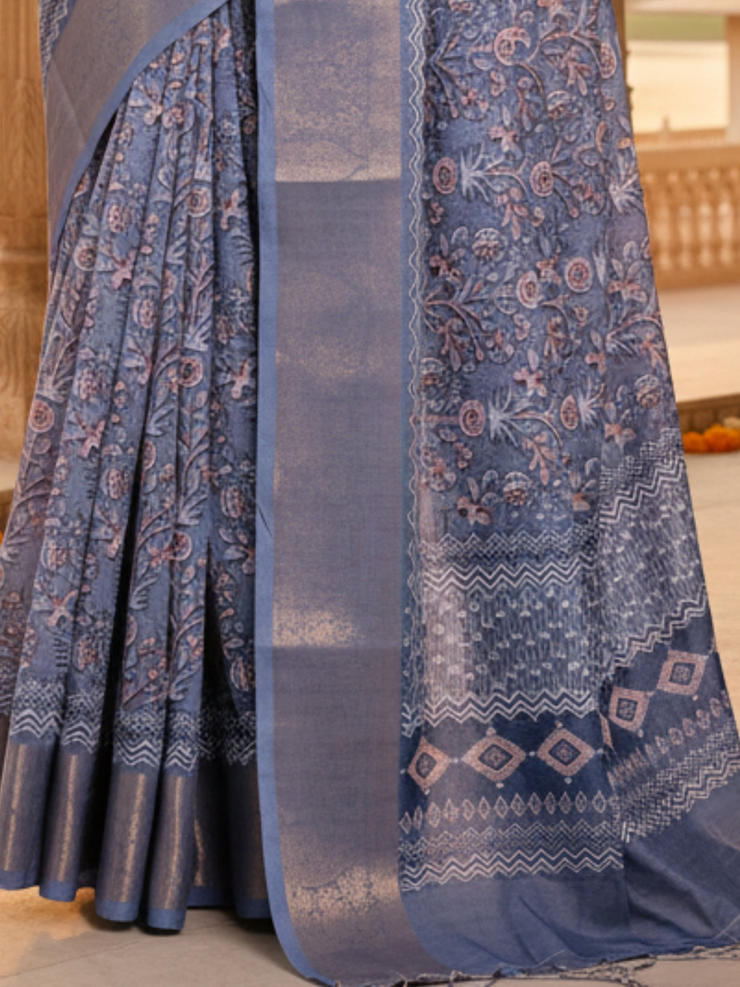 Blue Linen Cotton Saree For Women | Digital Print Party Wear Saree