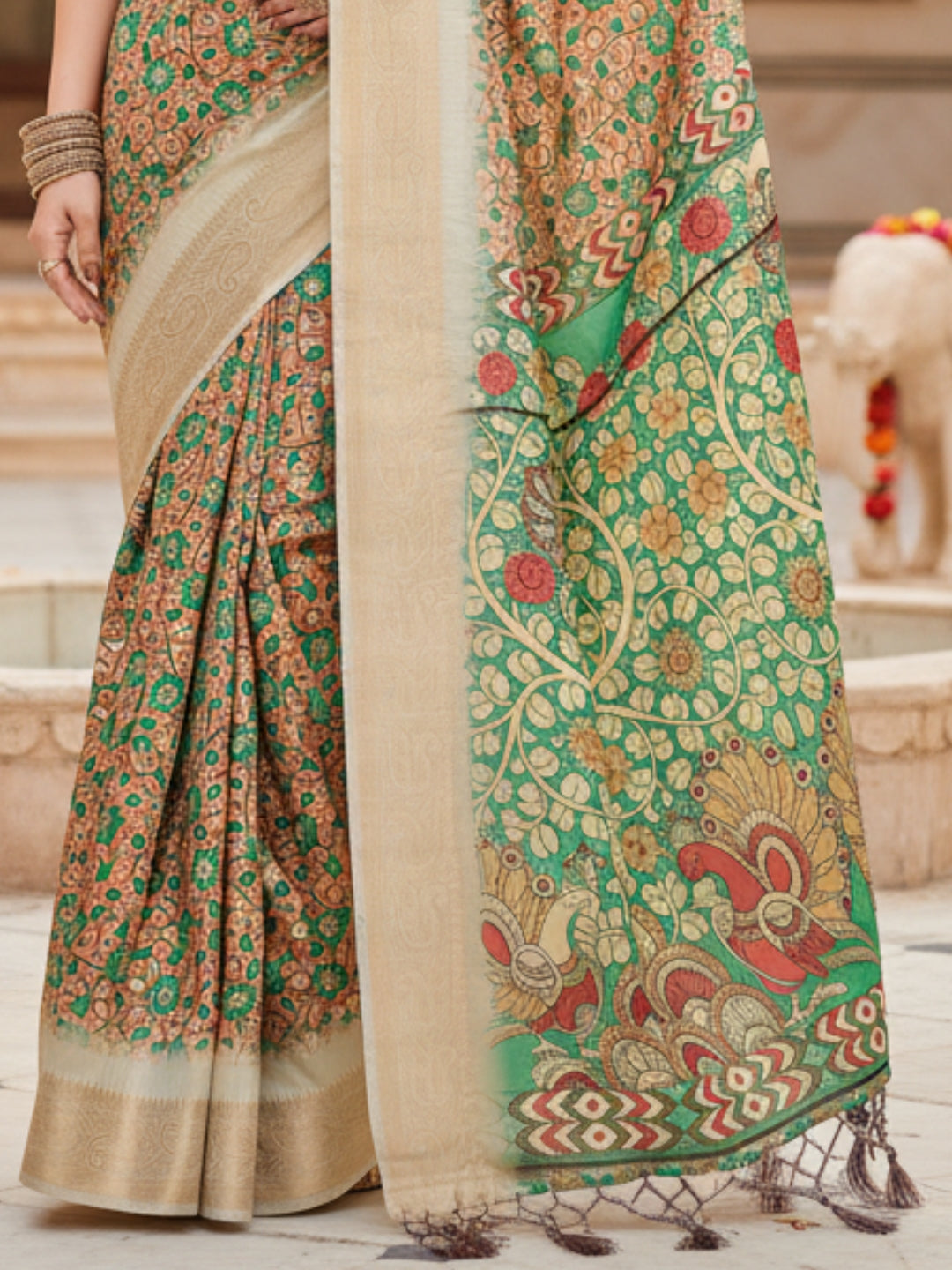 Green  Brown Tussar Silk Saree For Women | Digital Print Party Wear Saree
