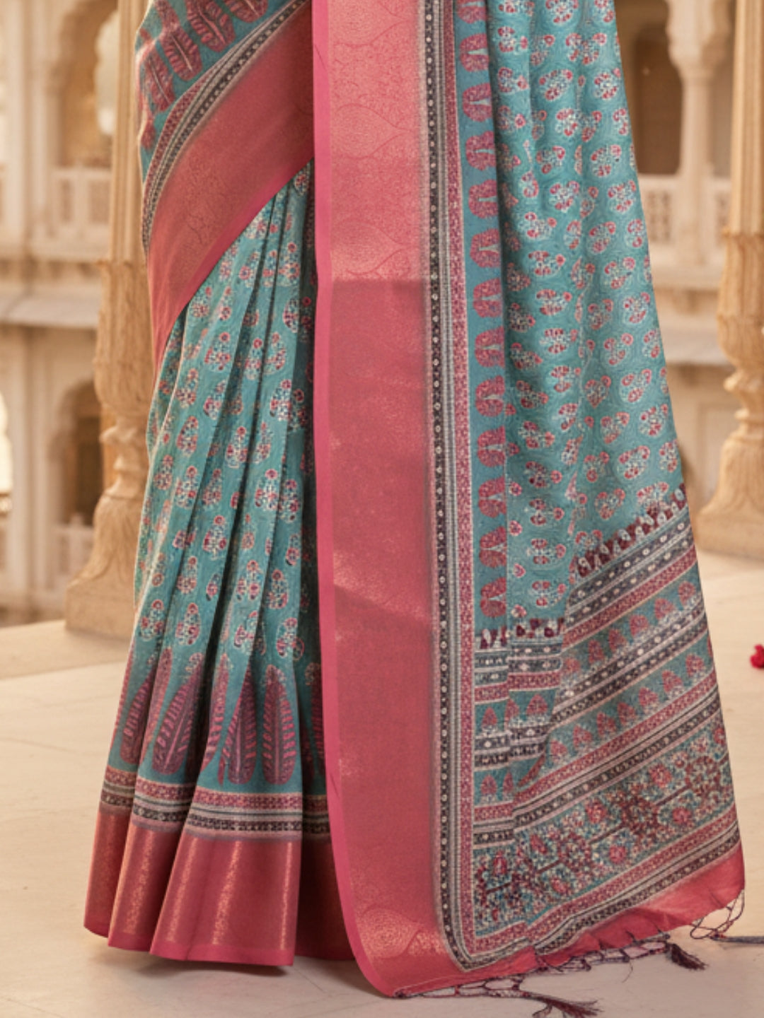 Green  Pink Linen Cotton Saree For Women | Digital Print Party Wear Saree
