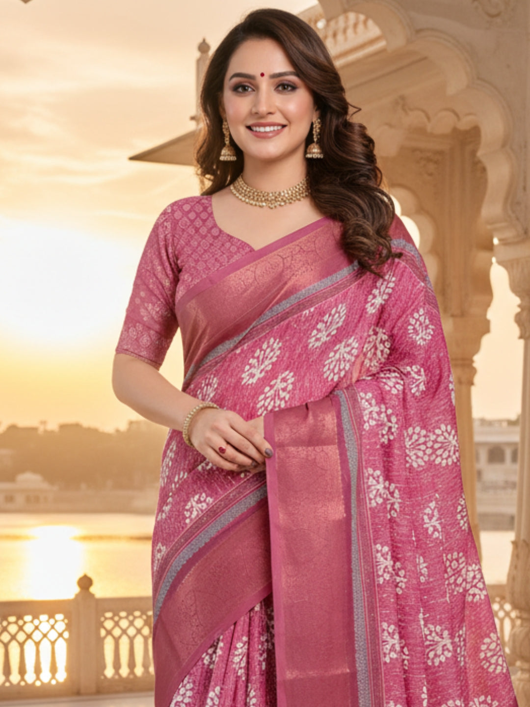 Pink Linen Cotton Saree For Women | Digital Print Party Wear Saree