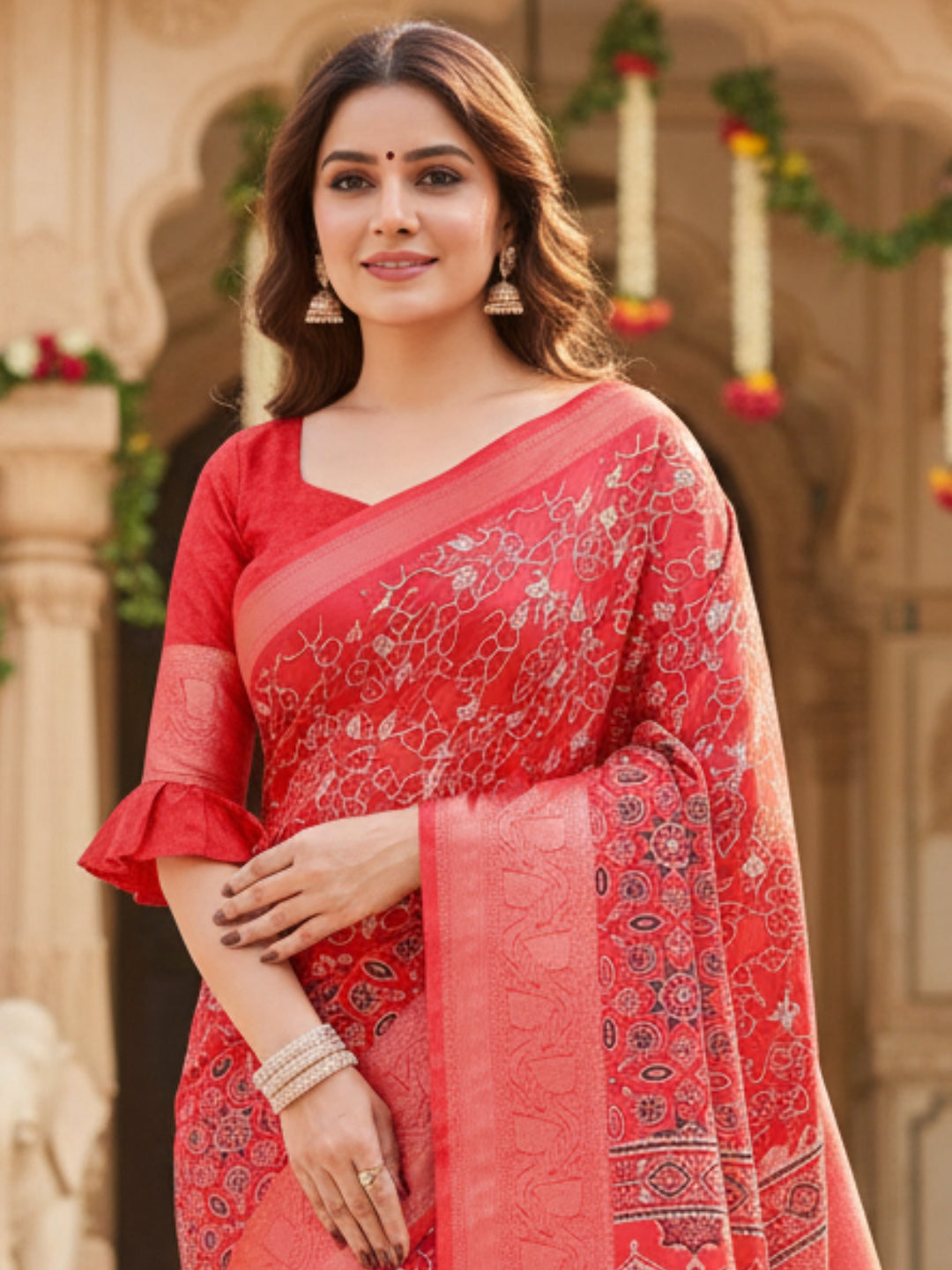 Red Tussar Silk Saree For Women | Digital Print Party Wear Saree