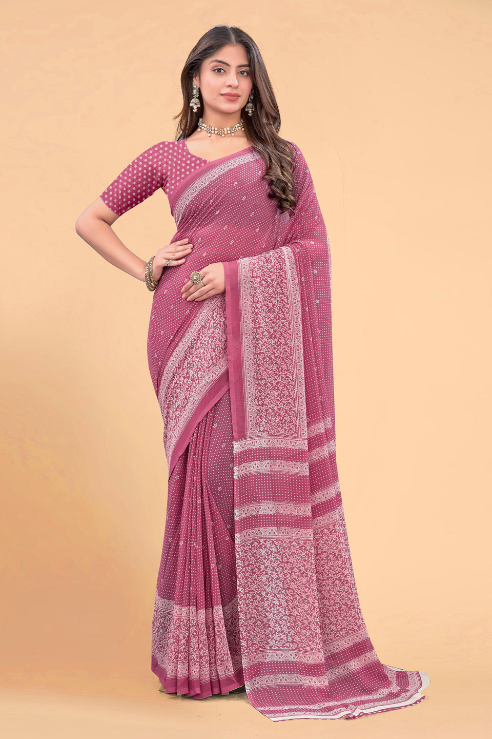 Zamuna Women Soft Light Pink Georgette Geometric Saree | Feminine Daytime Wear