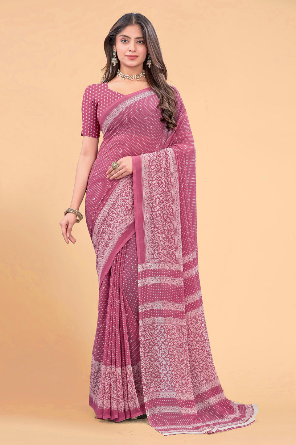Zamuna Women Soft Light Pink Georgette Geometric Saree | Feminine Daytime Wear