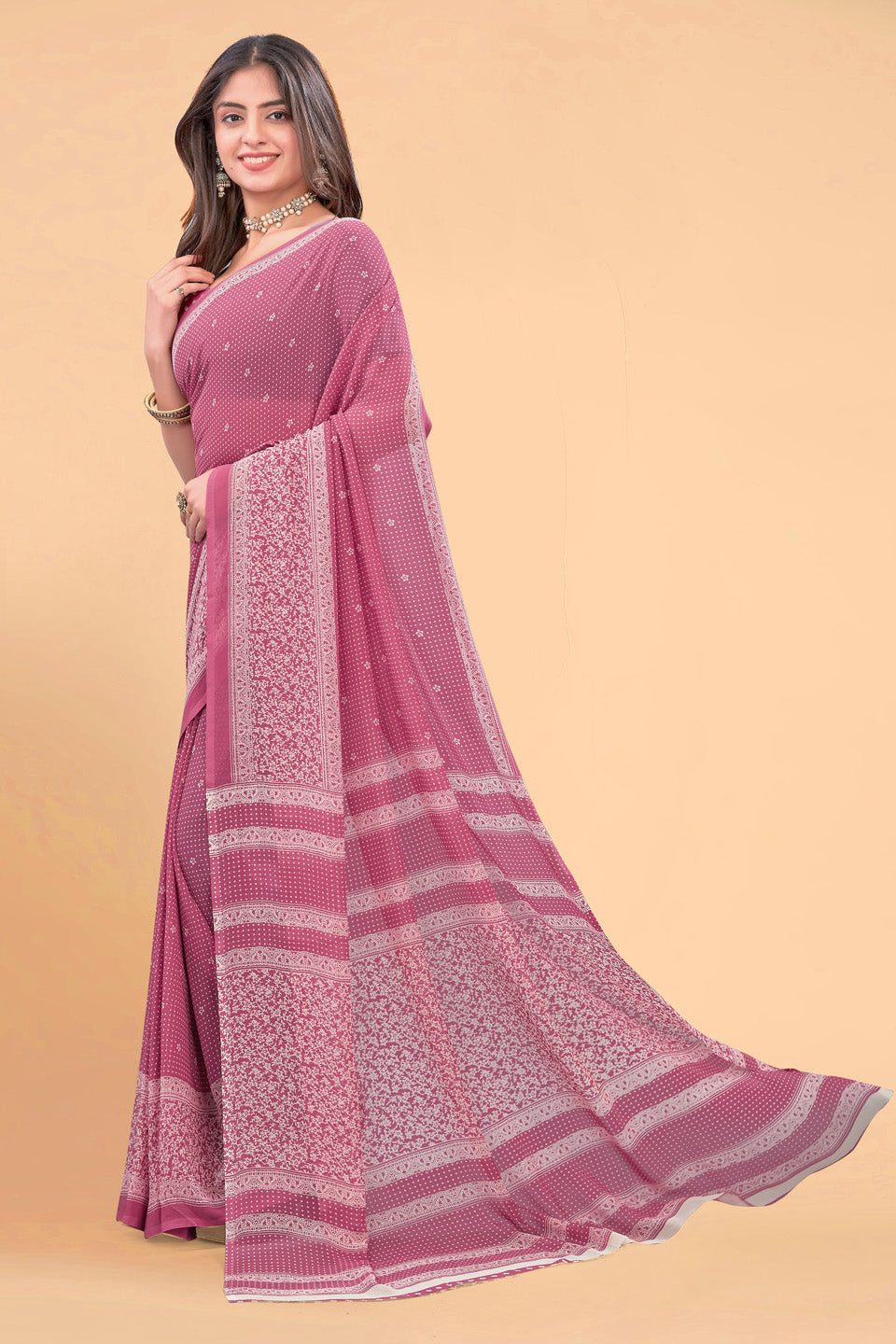 Zamuna Women Soft Light Pink Georgette Geometric Saree | Feminine Daytime Wear