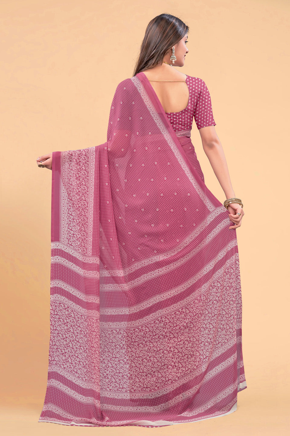 Zamuna Women Soft Light Pink Georgette Geometric Saree | Feminine Daytime Wear