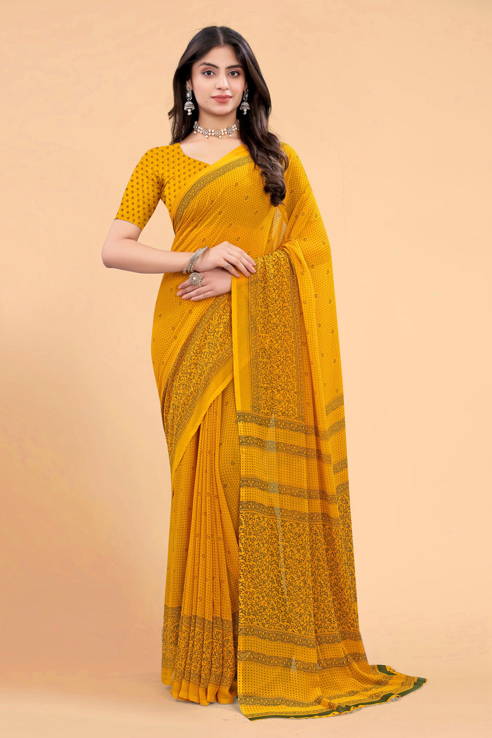 Zamuna Women Bright Yellow Georgette Geometric Saree | Radiant Haldi & Festive Wear