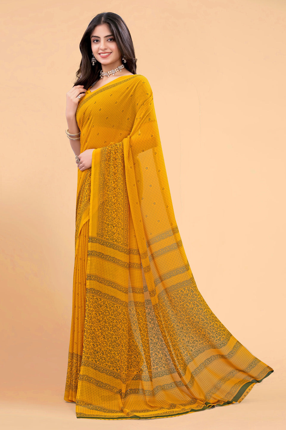 Zamuna Women Bright Yellow Georgette Geometric Saree | Radiant Haldi & Festive Wear