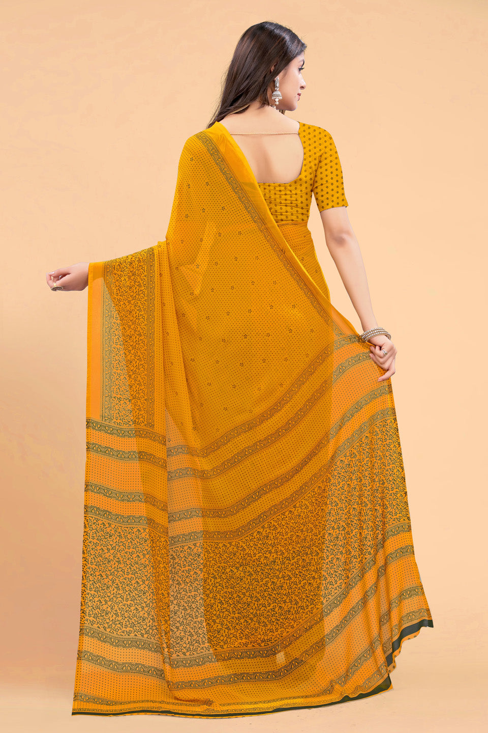 Zamuna Women Bright Yellow Georgette Geometric Saree | Radiant Haldi & Festive Wear