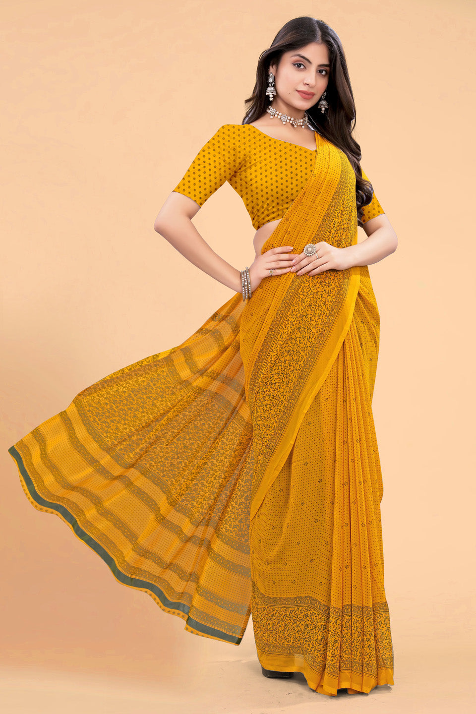 Zamuna Women Bright Yellow Georgette Geometric Saree | Radiant Haldi & Festive Wear