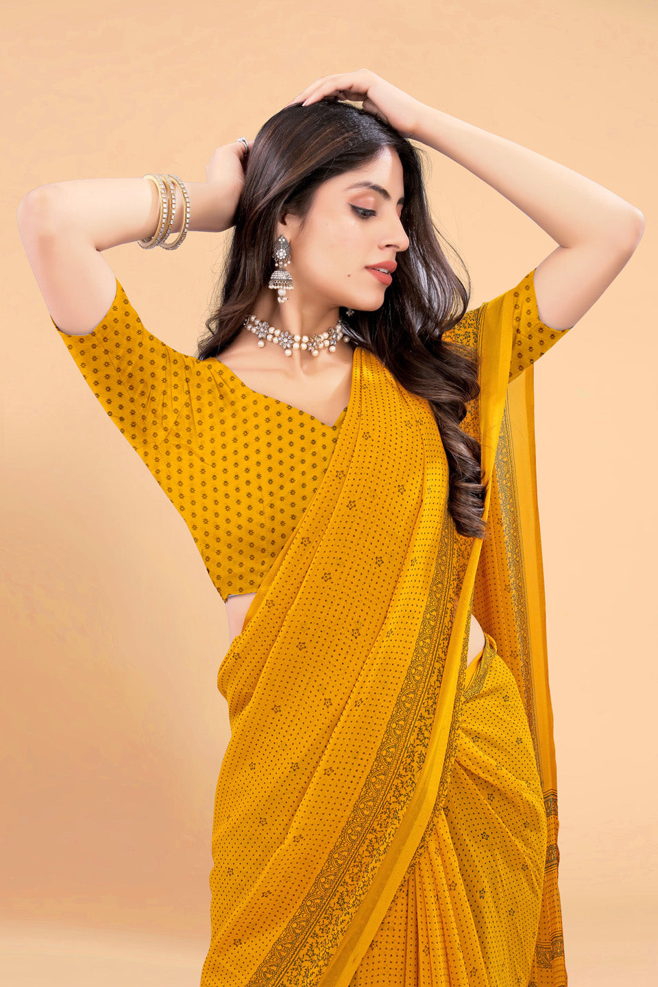 Zamuna Women Bright Yellow Georgette Geometric Saree | Radiant Haldi & Festive Wear