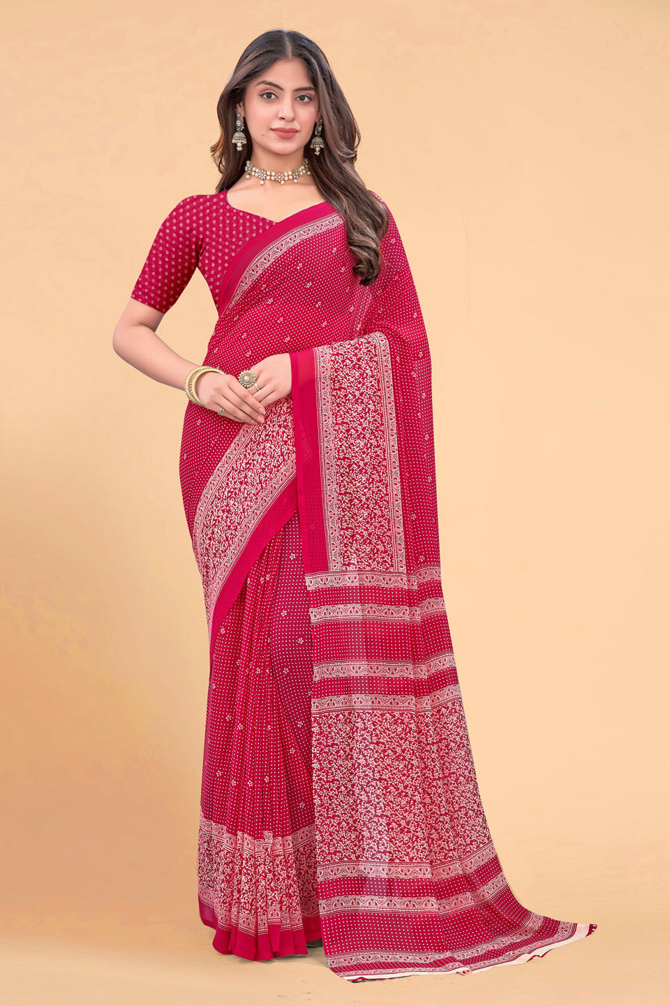 Zamuna Women Classic Red Georgette Geometric Saree | Dazzling Party & Festive Wear