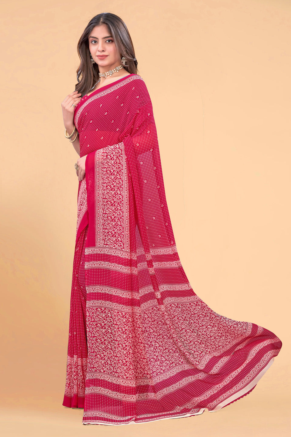 Zamuna Women Classic Red Georgette Geometric Saree | Dazzling Party & Festive Wear