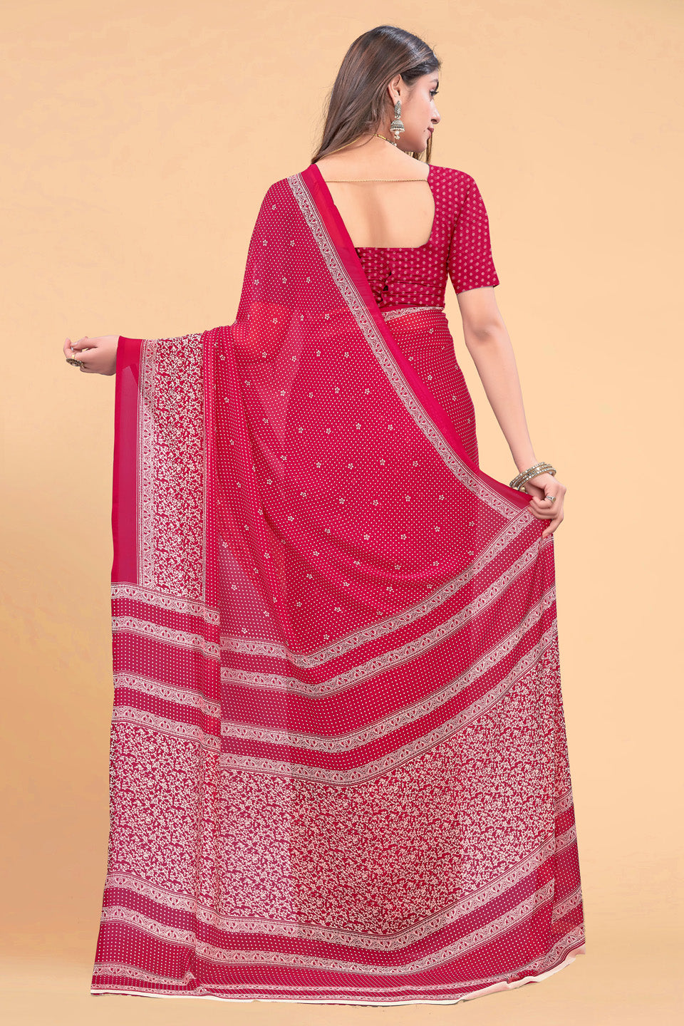 Zamuna Women Classic Red Georgette Geometric Saree | Dazzling Party & Festive Wear